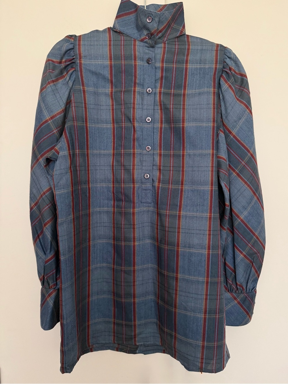 Vintage Made in UK Plaid High Neck Wool blend Pullover Tunic Blue Grey Oxblood L